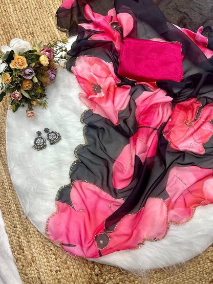 Black Tebi Silk Digital Printed Saree with Handwork Satin Silk Blouse