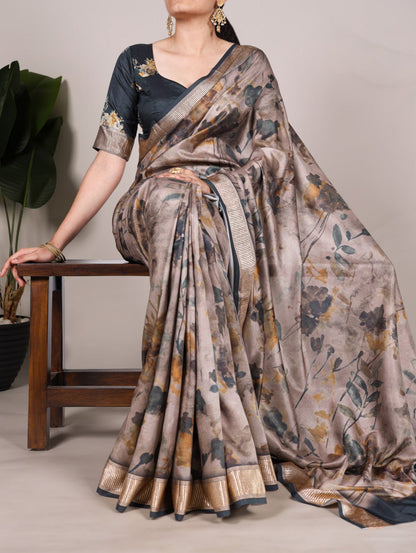 Black Tussar Silk Printed Saree with Viscose Border Matching Blouse