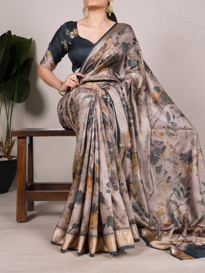 Black Tussar Silk Printed Saree with Viscose Border Matching Blouse