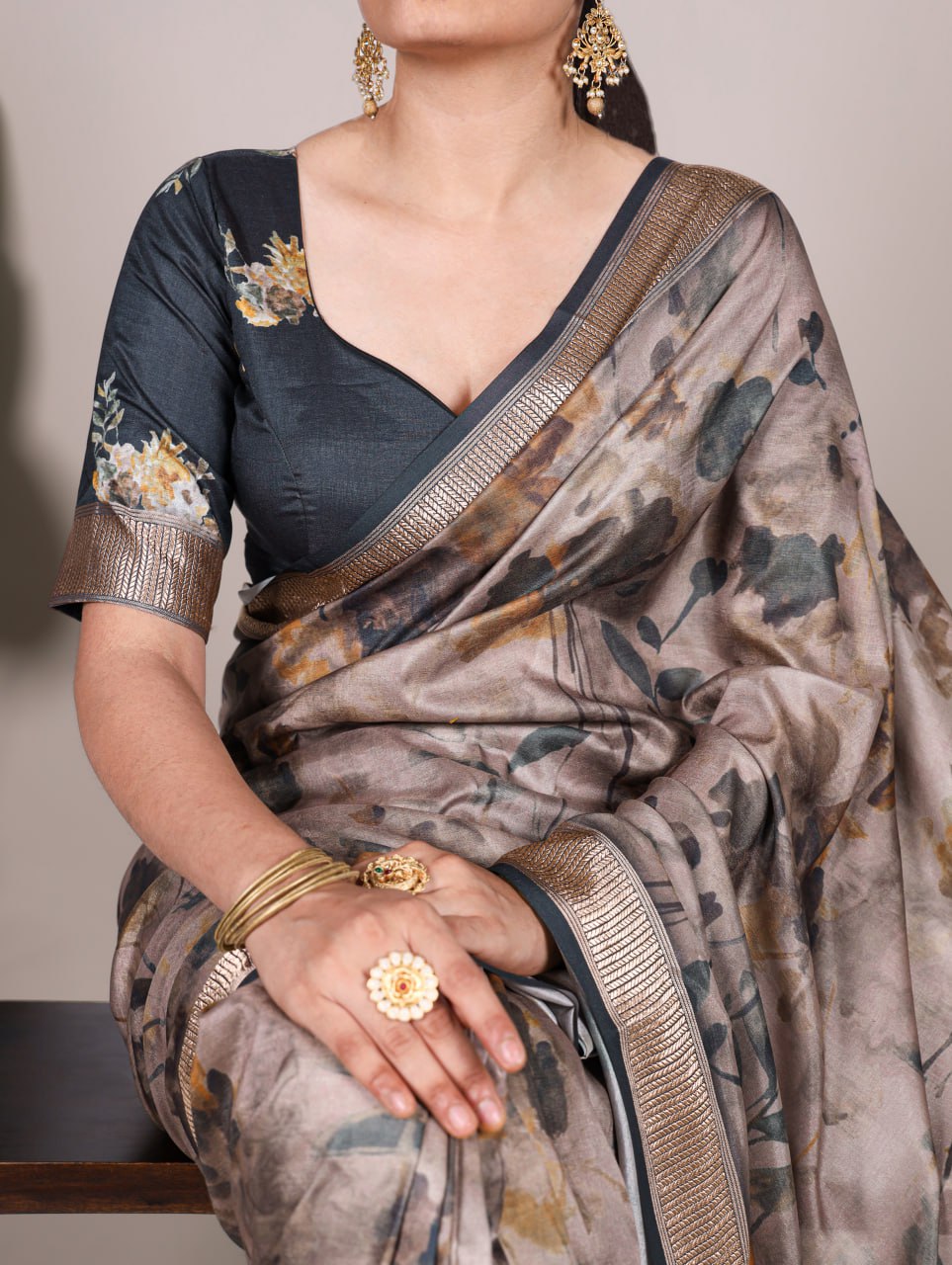 Black Tussar Silk Printed Saree with Viscose Border Matching Blouse