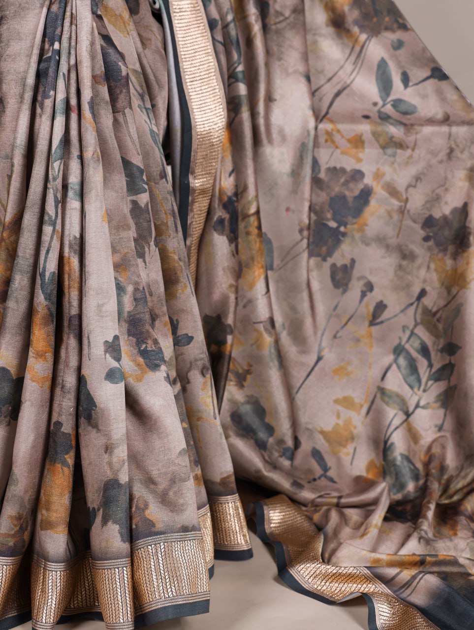 Black Tussar Silk Printed Saree with Viscose Border Matching Blouse