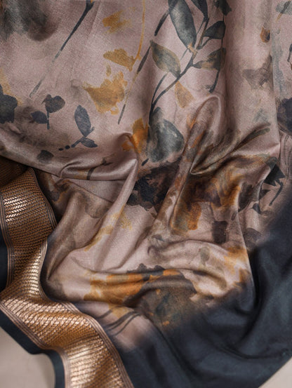 Black Tussar Silk Printed Saree with Viscose Border Matching Blouse