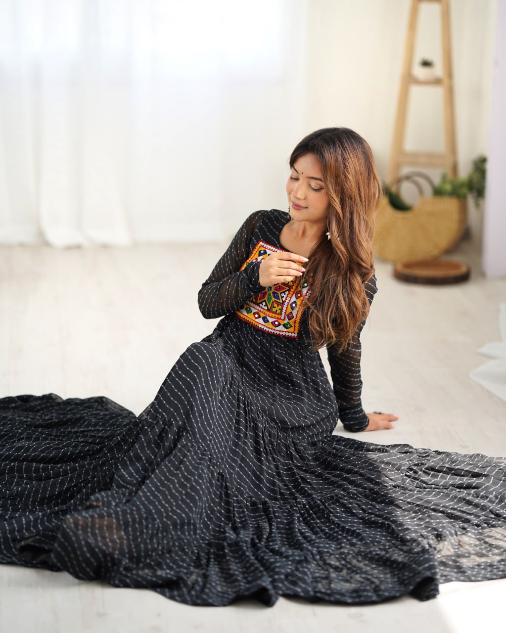 Black Vibrant Laheriya Print Georgette Anarkali Gown Dress