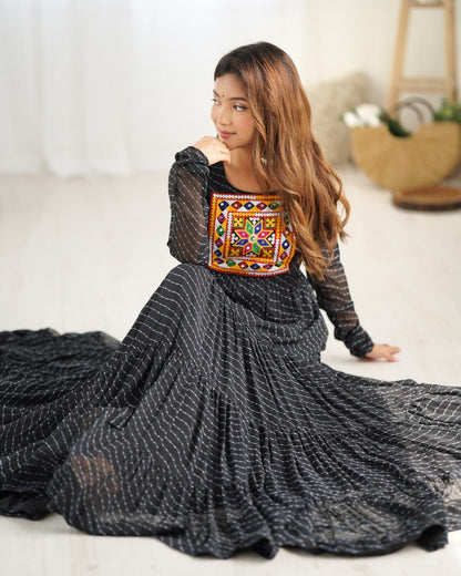 Black Vibrant Laheriya Print Georgette Anarkali Gown Dress