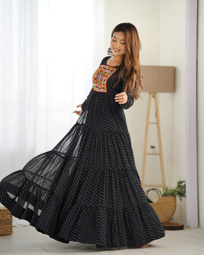 Black Vibrant Laheriya Print Georgette Anarkali Gown Dress