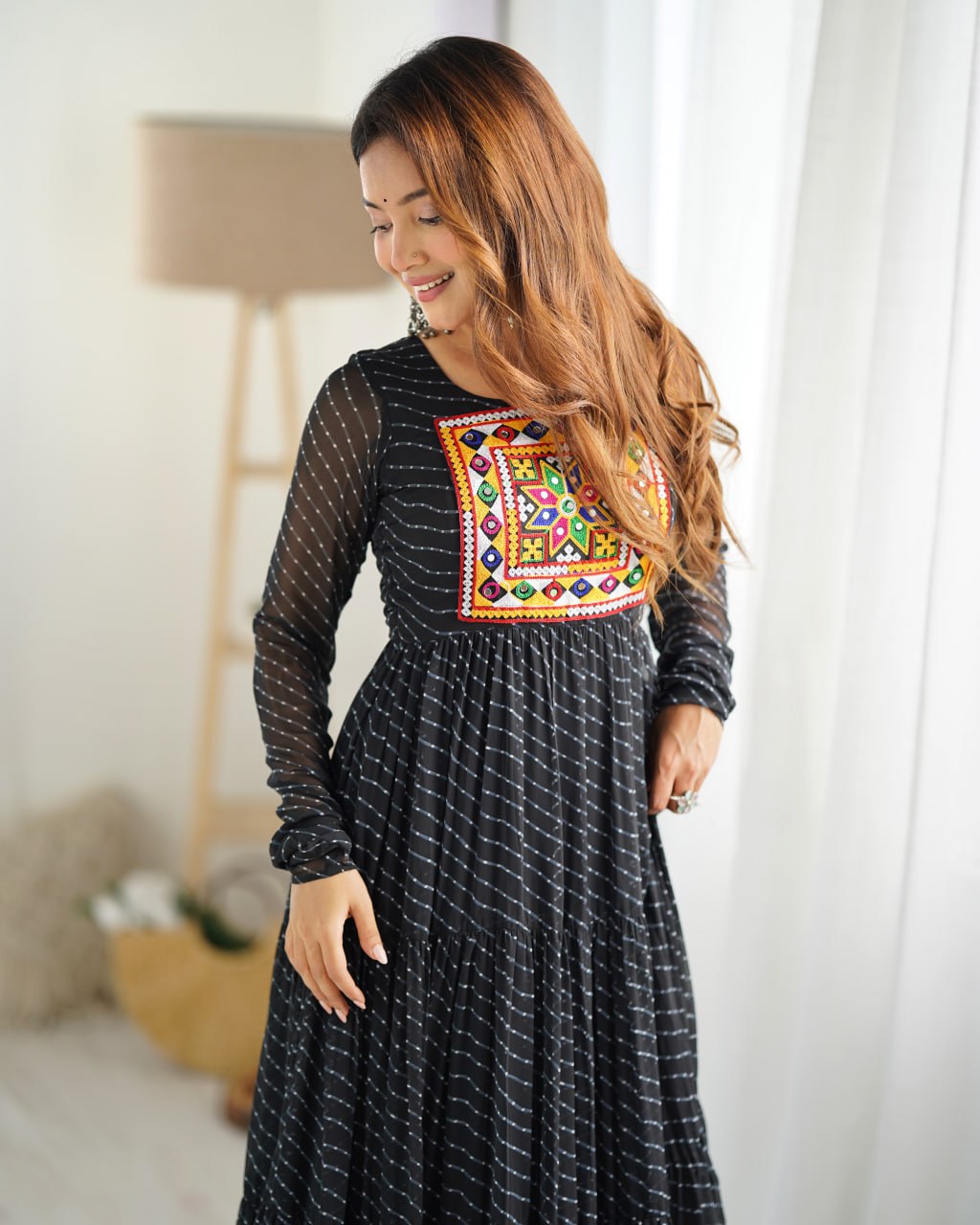 Black Vibrant Laheriya Print Georgette Anarkali Gown Dress