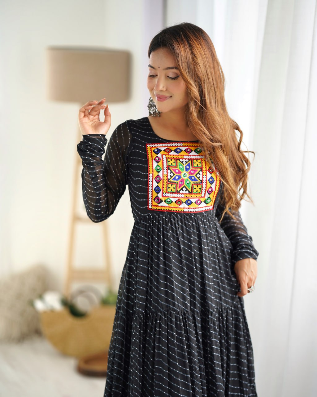 Black Vibrant Laheriya Print Georgette Anarkali Gown Dress