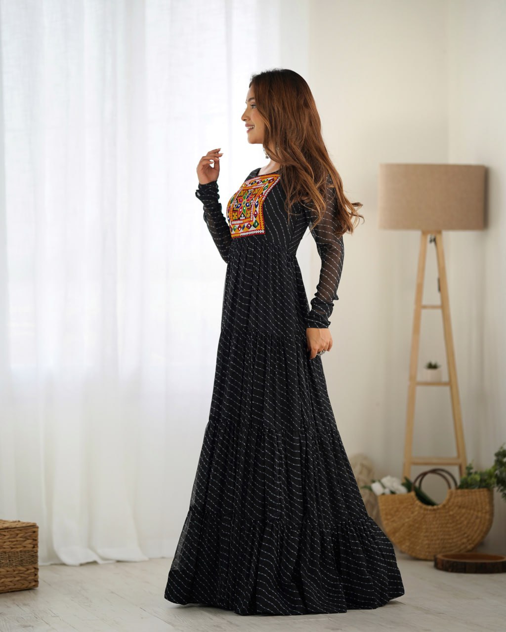Black Vibrant Laheriya Print Georgette Anarkali Gown Dress