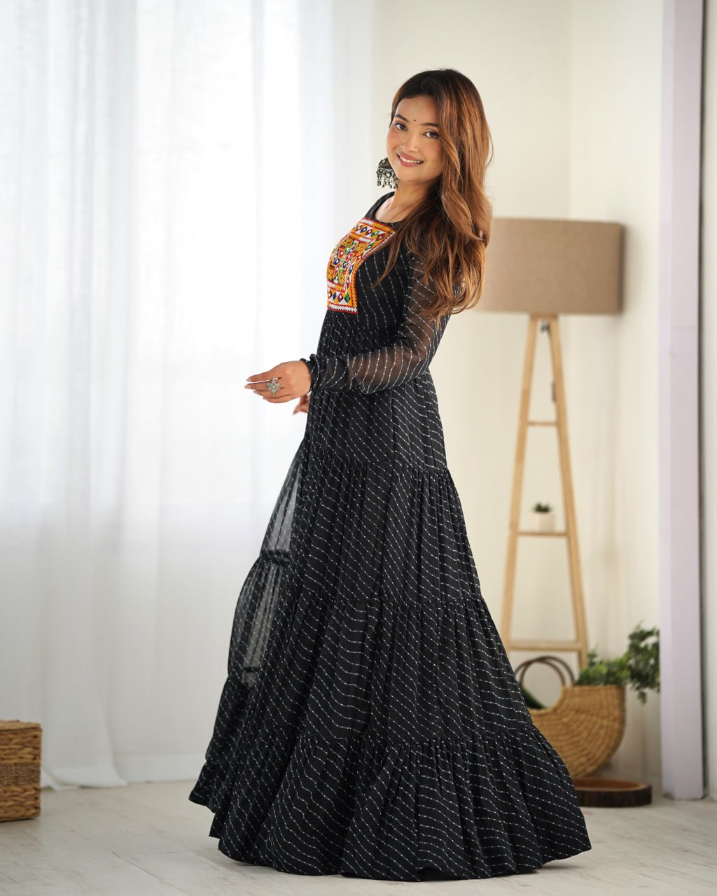 Black Vibrant Laheriya Print Georgette Anarkali Gown Dress
