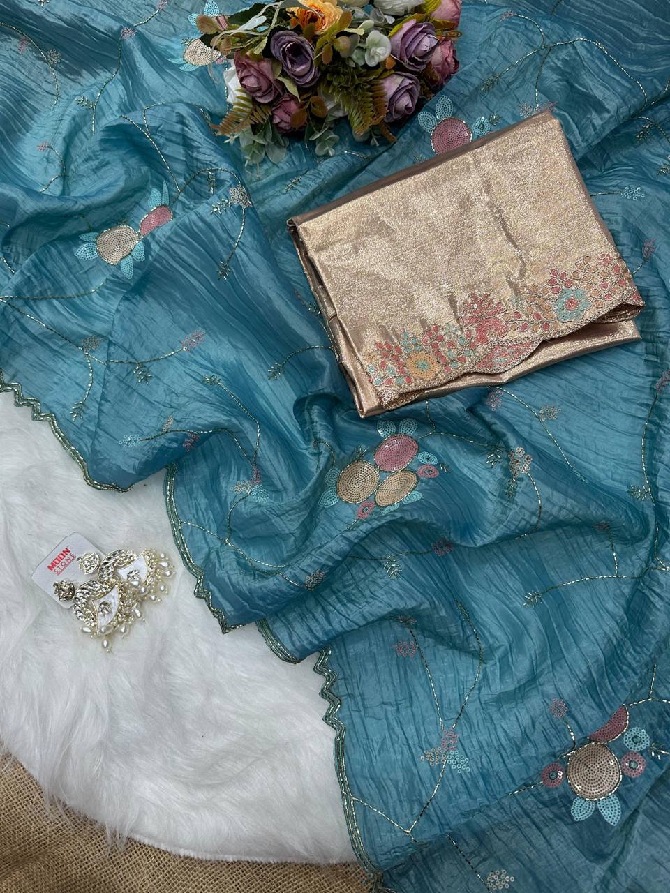 Blue Crush Saree with Round Sequin Embroidery and Zari Brocade Blouse