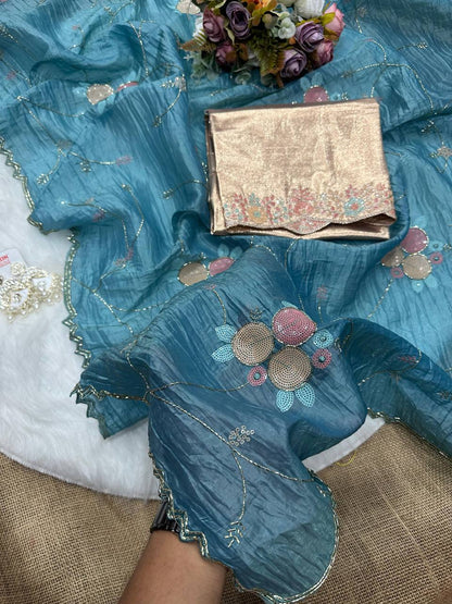 Blue Crush Saree with Round Sequin Embroidery and Zari Brocade Blouse