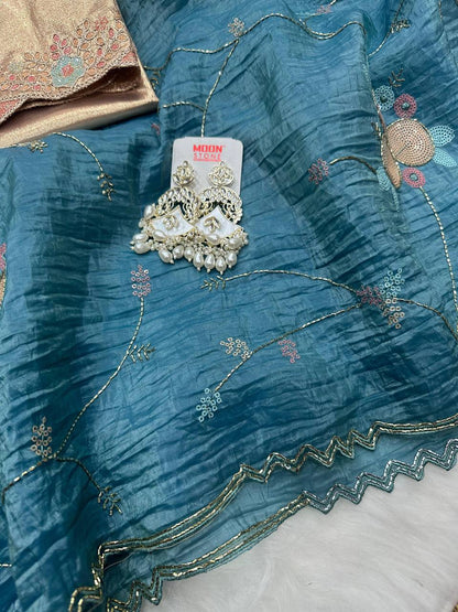 Blue Crush Saree with Round Sequin Embroidery and Zari Brocade Blouse