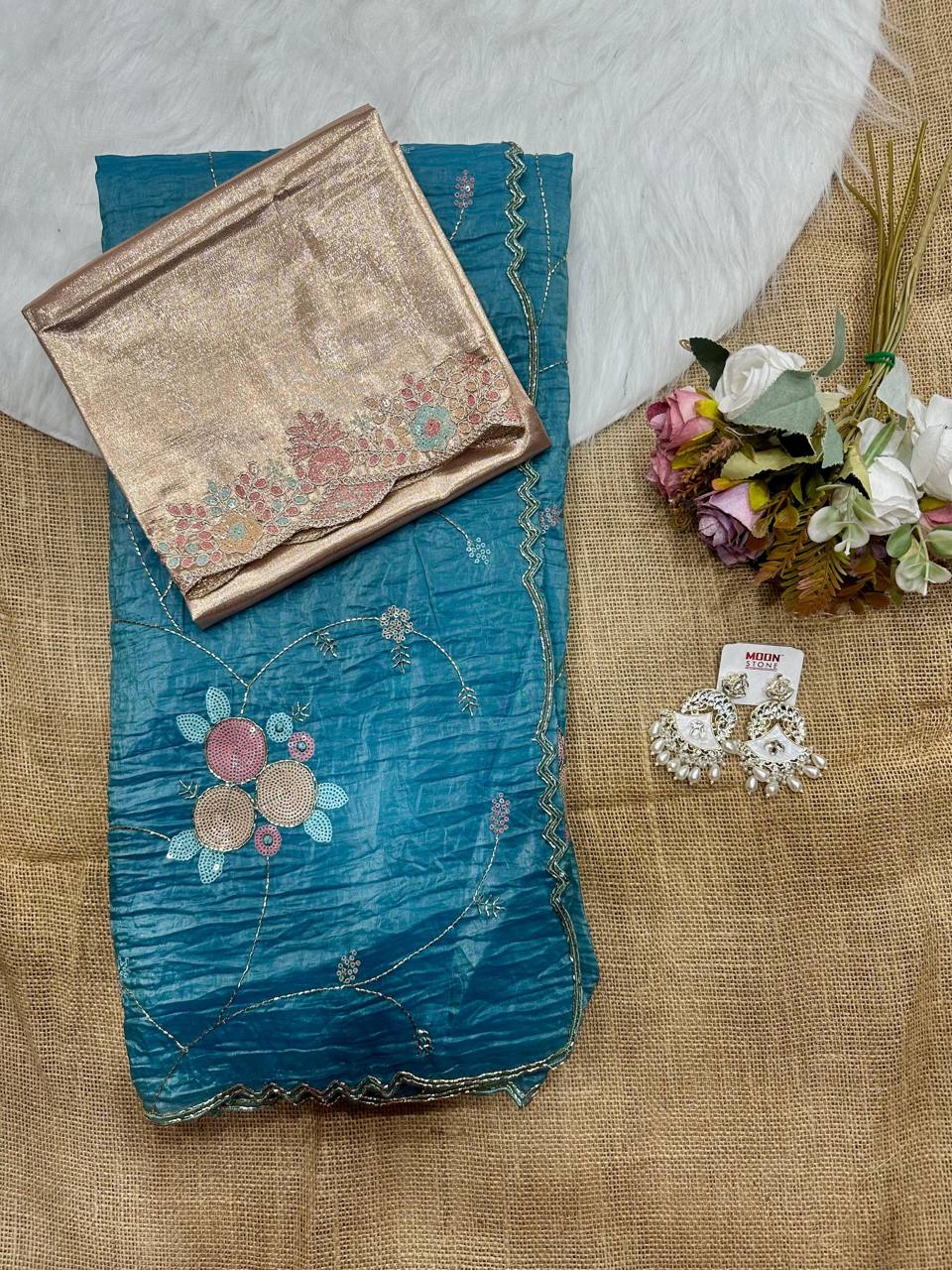 Blue Crush Saree with Round Sequin Embroidery and Zari Brocade Blouse