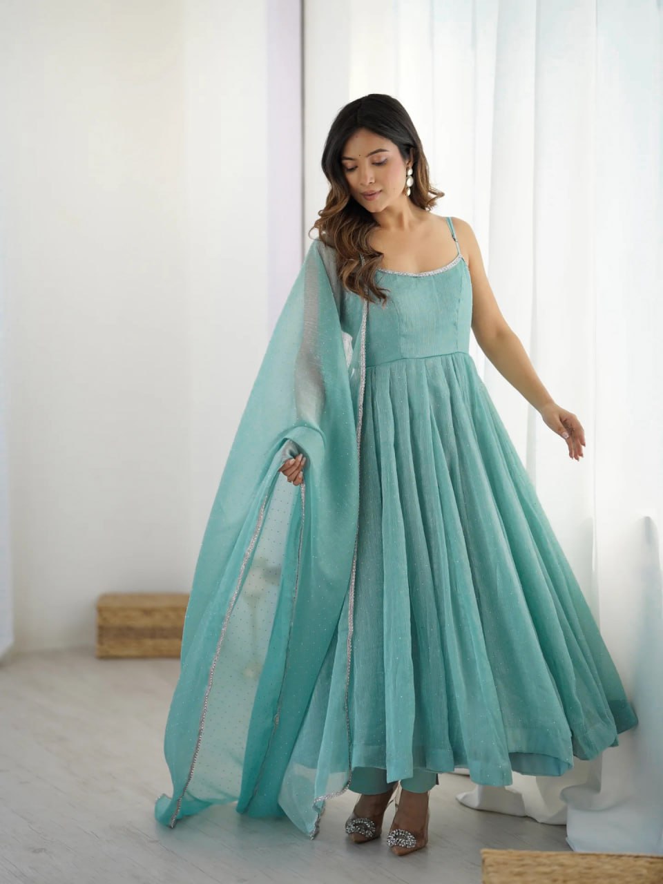 Blue Floral Luxury Silk Anarkali Suit Dupatta Set – Festive & Wedding Wear
