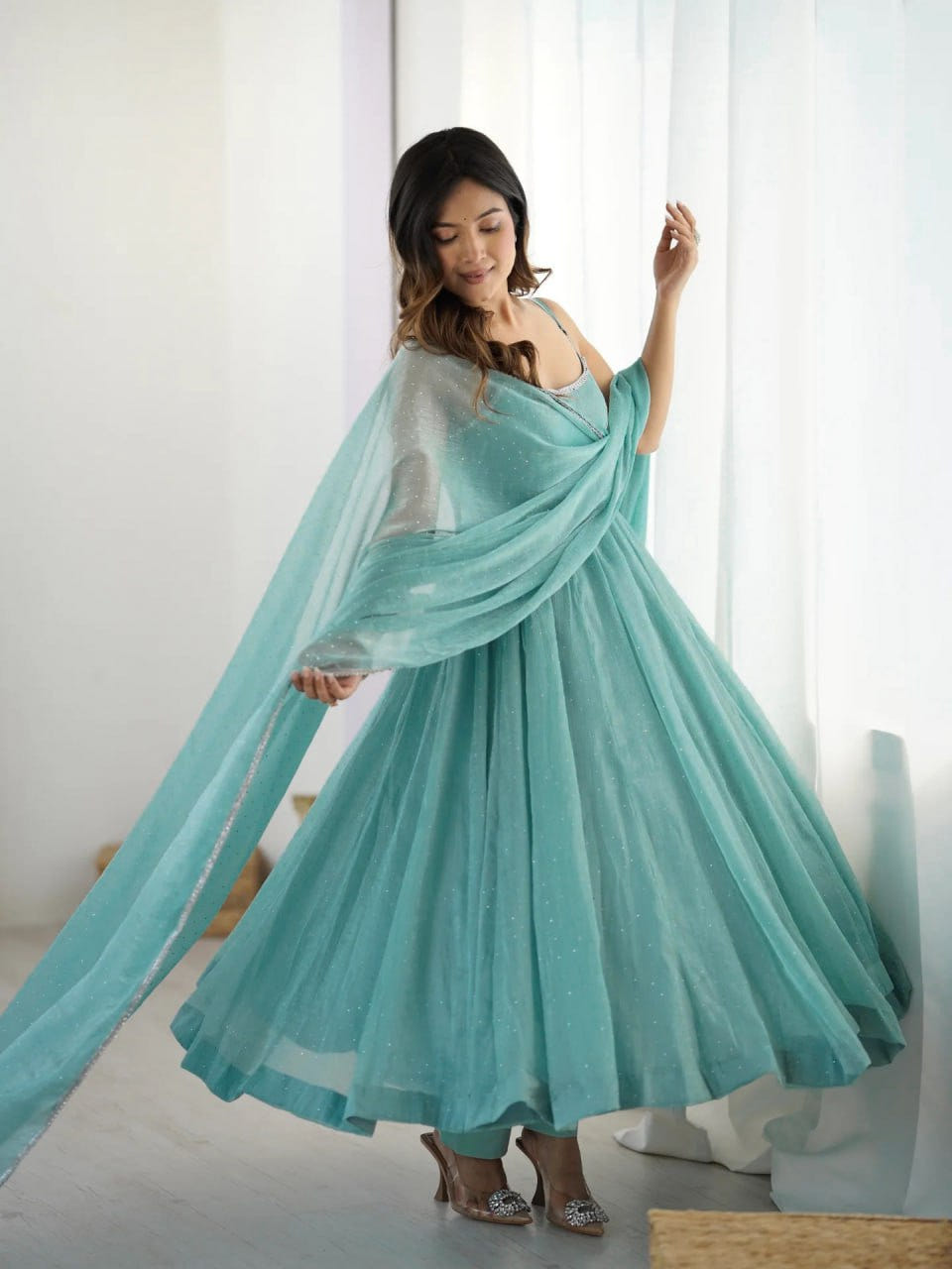 Blue Floral Luxury Silk Anarkali Suit Dupatta Set – Festive & Wedding Wear