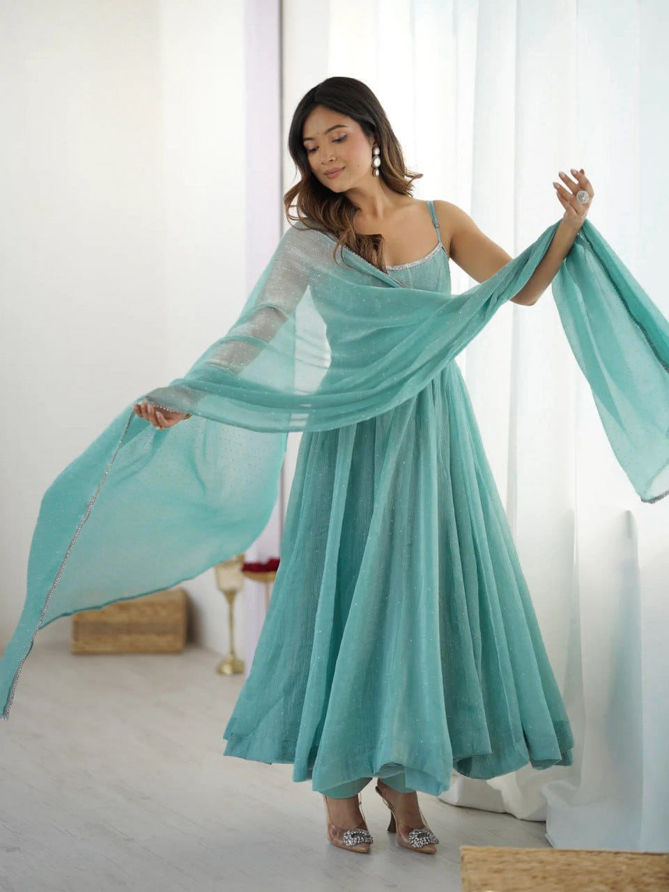 Blue Floral Luxury Silk Anarkali Suit Dupatta Set – Festive & Wedding Wear
