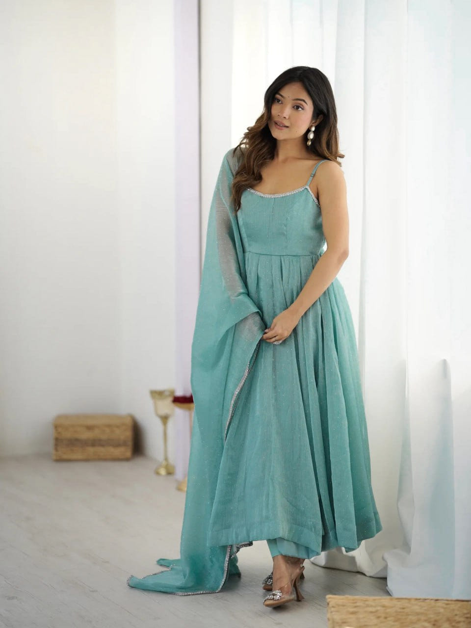 Blue Floral Luxury Silk Anarkali Suit Dupatta Set – Festive & Wedding Wear 