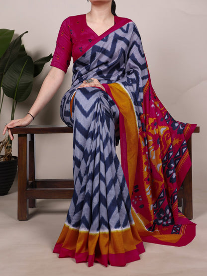 Blue Tasar Silk Zigzag Printed Saree with Magenta Blouse