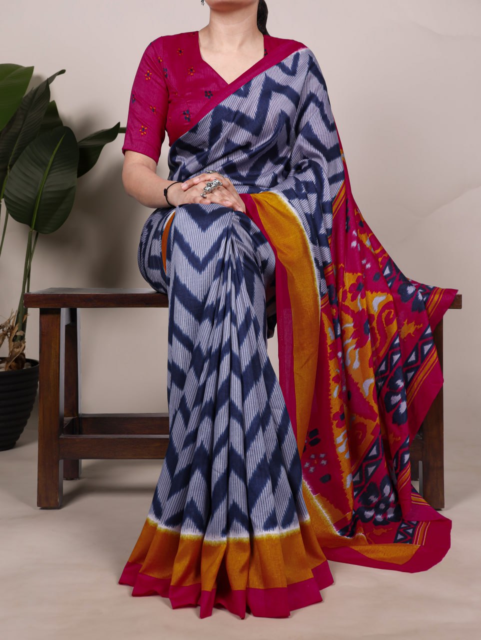 Blue Tasar Silk Zigzag Printed Saree with Magenta Blouse