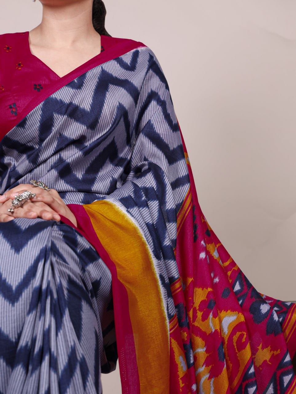 Blue Tasar Silk Zigzag Printed Saree with Magenta Blouse