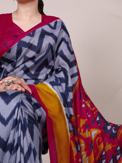 Blue Tasar Silk Zigzag Printed Saree with Magenta Blouse