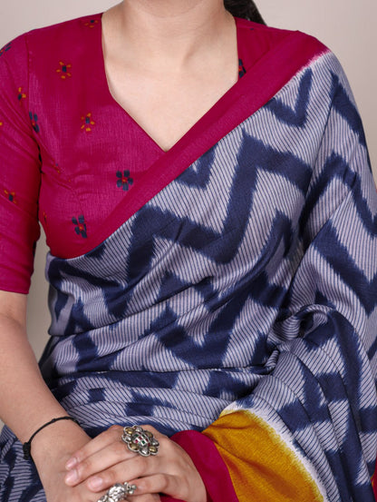 Blue Tasar Silk Zigzag Printed Saree with Magenta Blouse