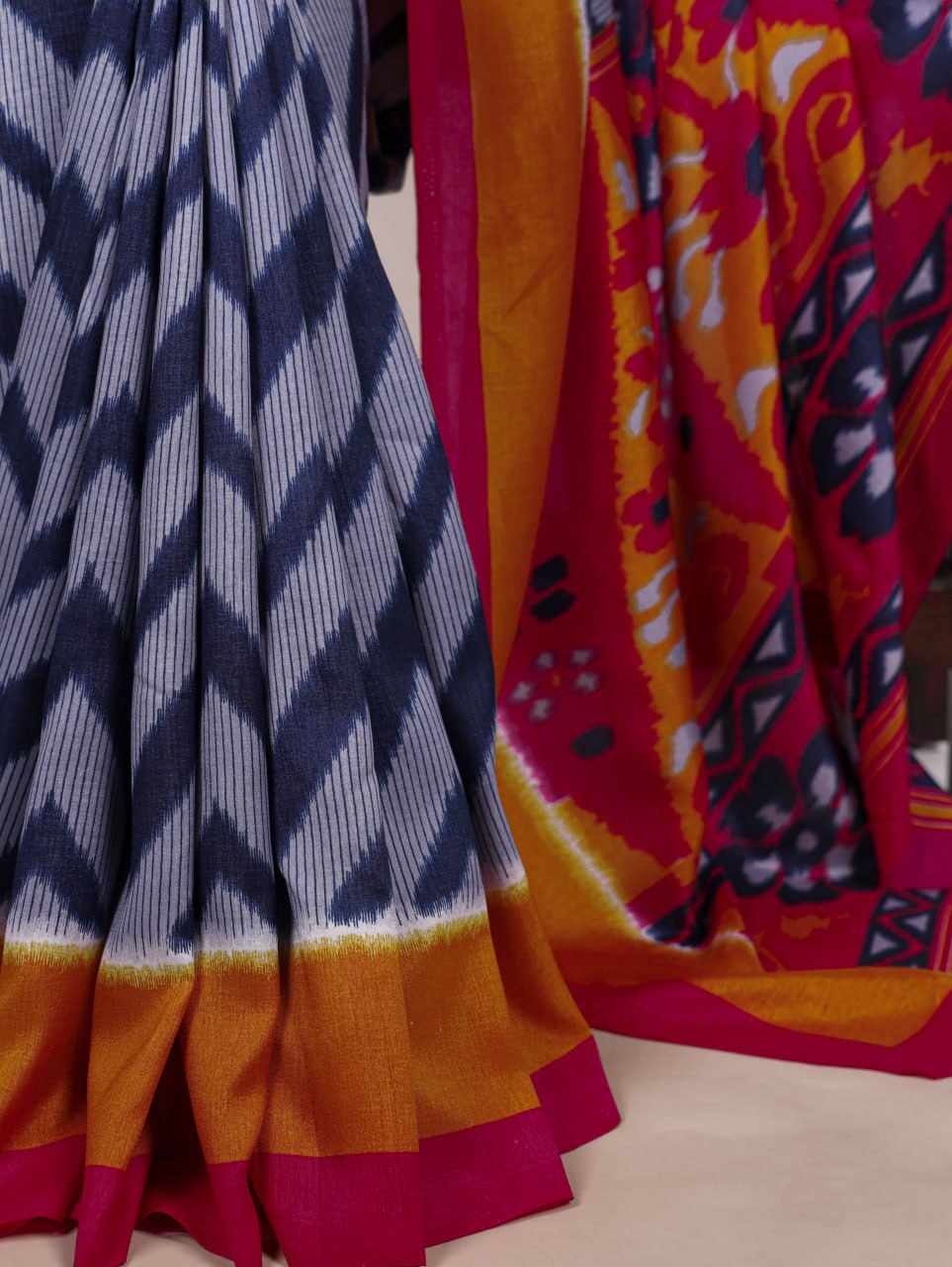 Blue Tasar Silk Zigzag Printed Saree with Magenta Blouse