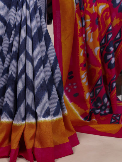 Blue Tasar Silk Zigzag Printed Saree with Magenta Blouse