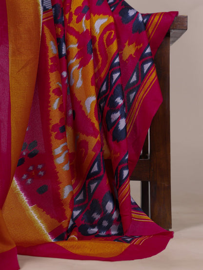 Blue Tasar Silk Zigzag Printed Saree with Magenta Blouse