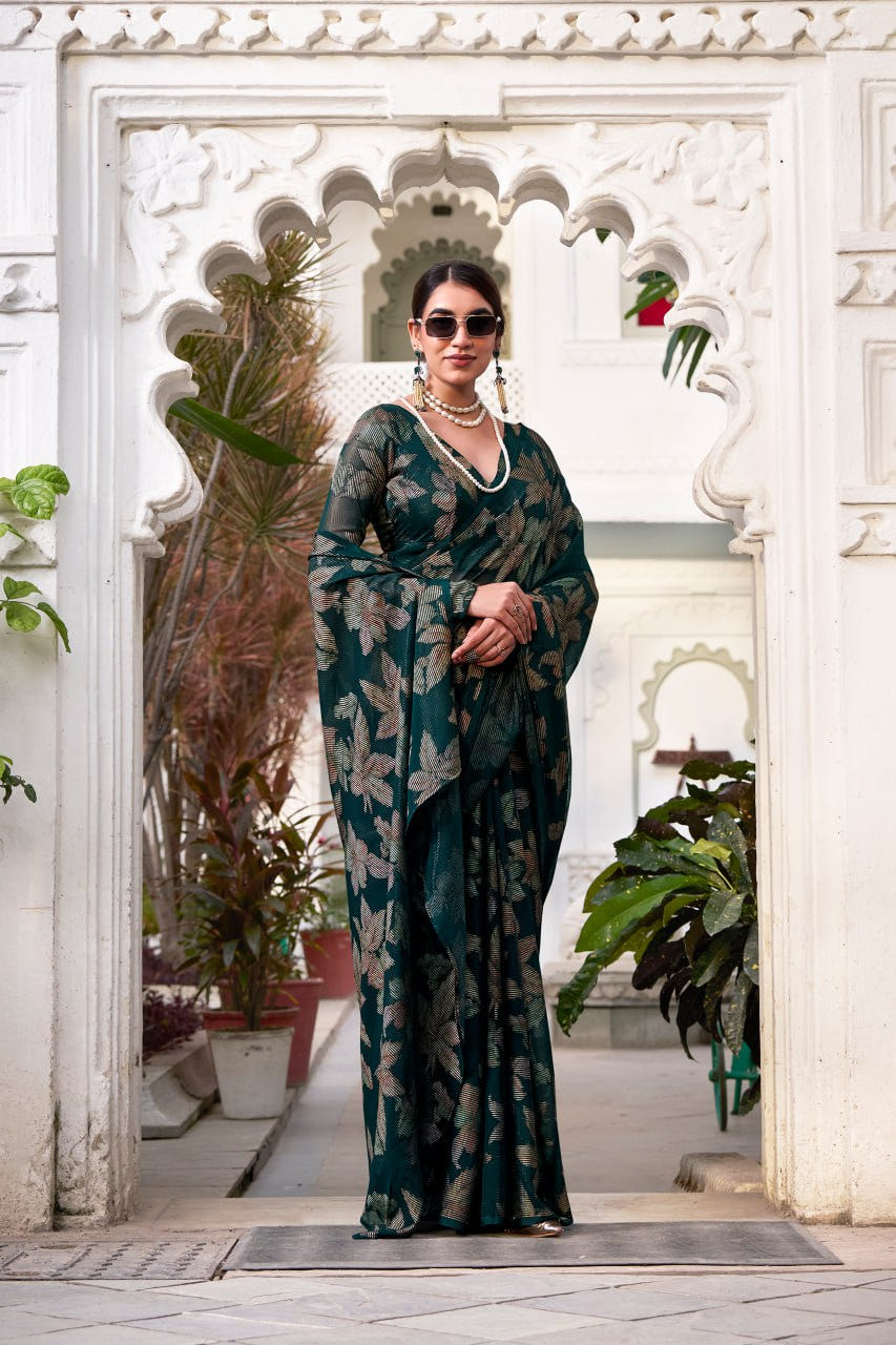 Bottle Green Lurex Brasso Floral Viscose Saree with Matching Blouse
