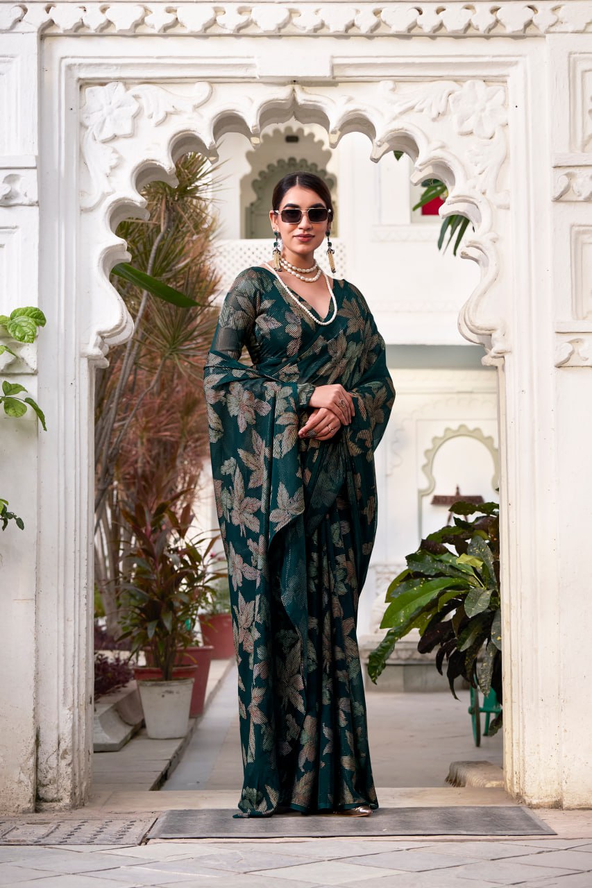 Bottle Green Lurex Brasso Floral Viscose Saree with Matching Blouse