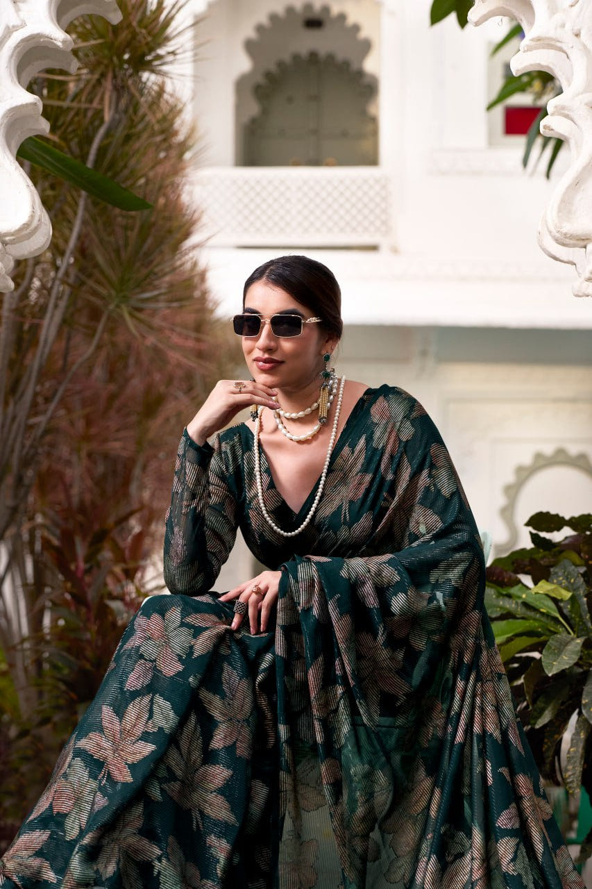 Bottle Green Lurex Brasso Floral Viscose Saree with Matching Blouse