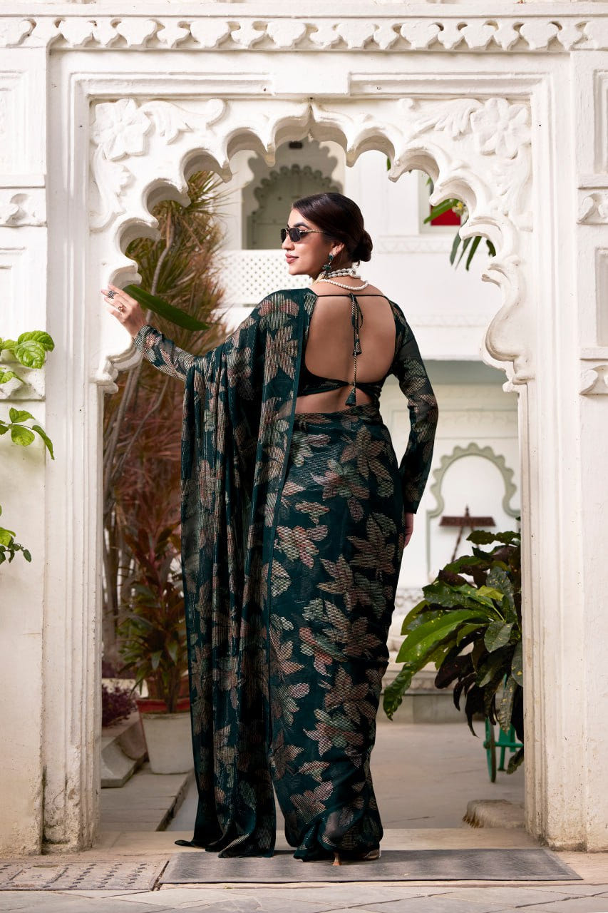 Bottle Green Lurex Brasso Floral Viscose Saree with Matching Blouse