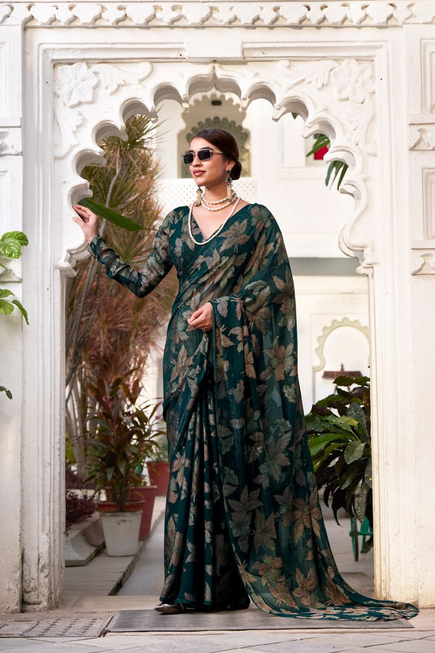 Bottle Green Lurex Brasso Floral Viscose Saree with Matching Blouse
