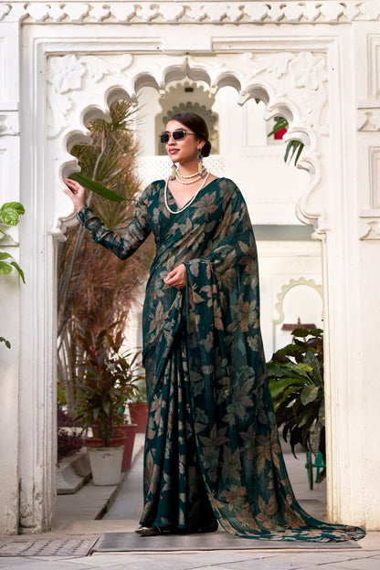 Bottle Green Lurex Brasso Floral Viscose Saree with Matching Blouse