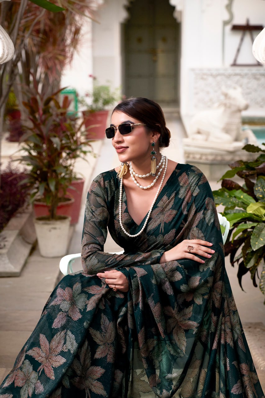 Bottle Green Lurex Brasso Floral Viscose Saree with Matching Blouse