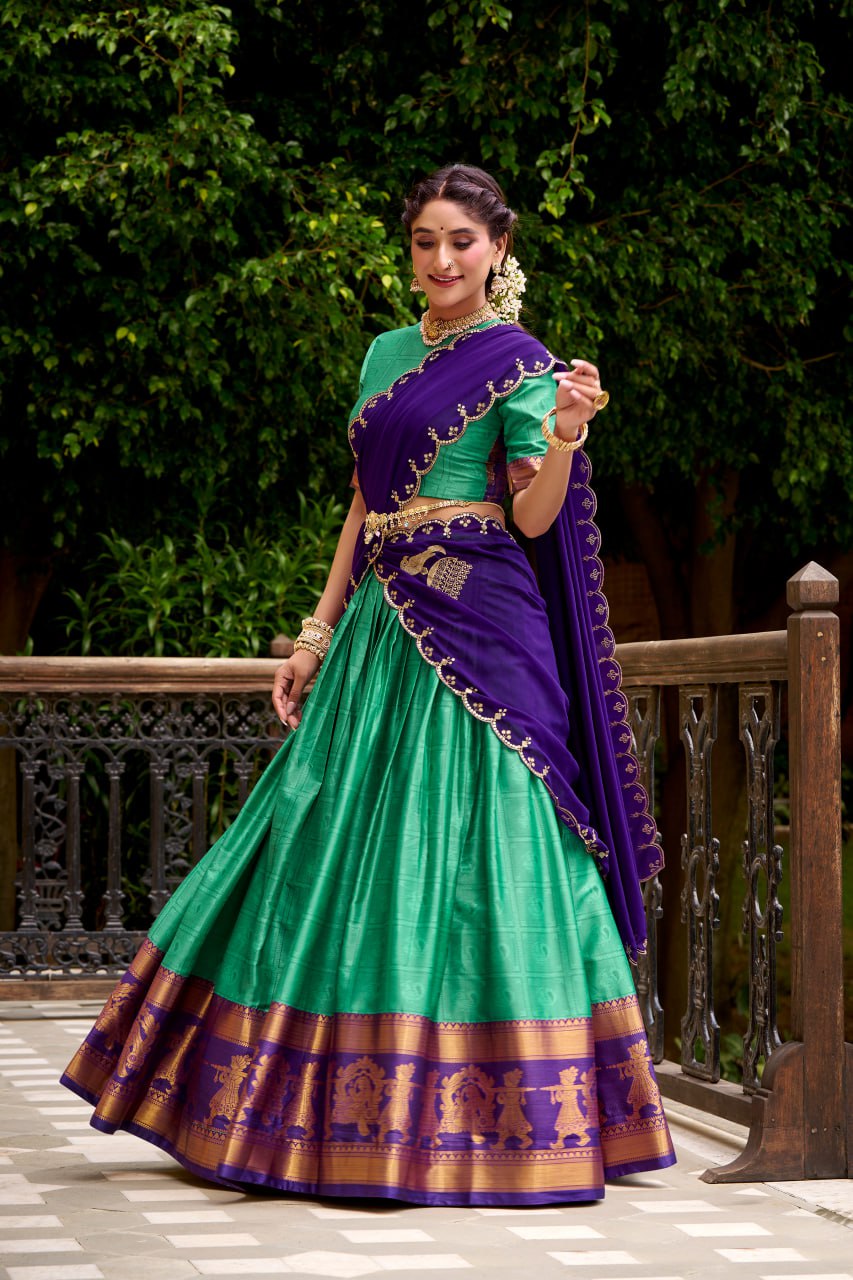 Bottle Green Poly Cotton Zari Weaving Half Saree Lehenga Choli Set