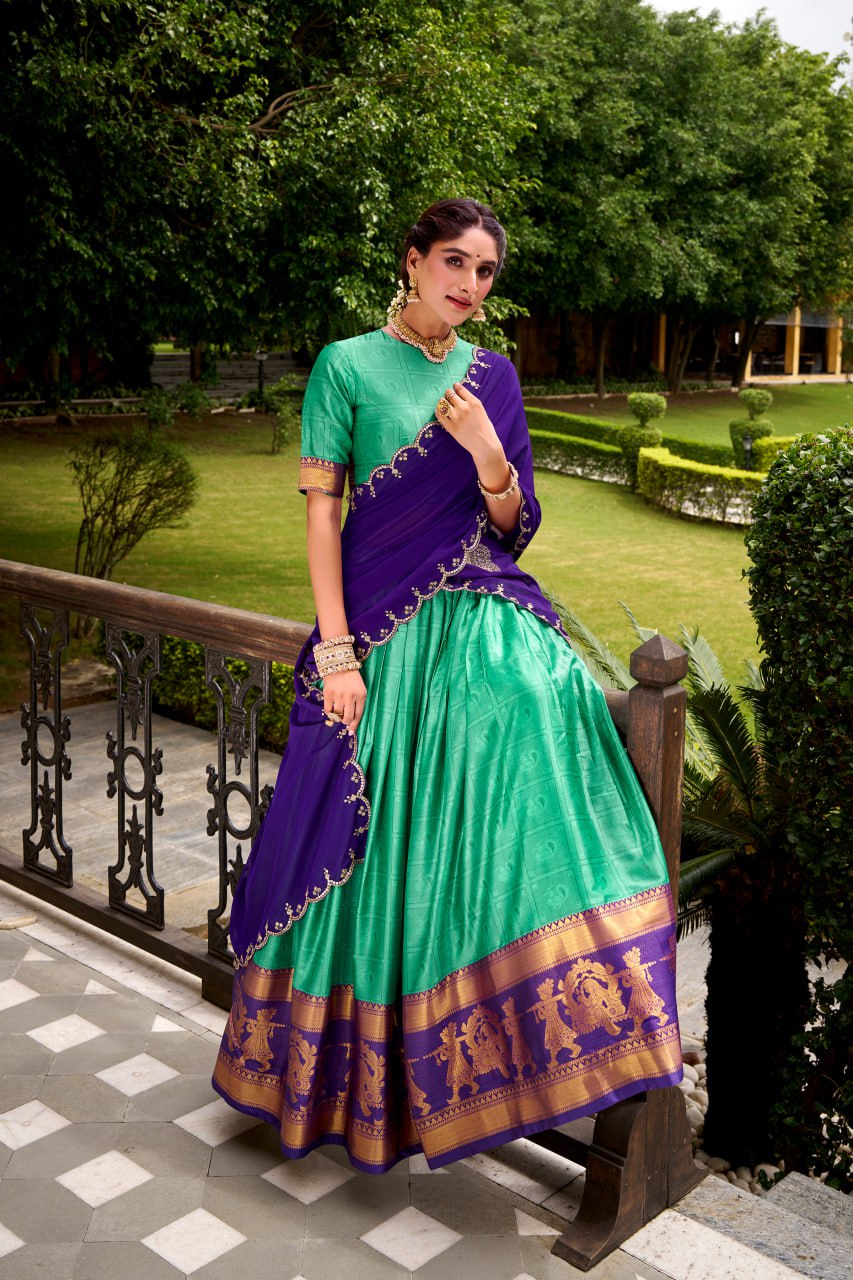 Bottle Green Poly Cotton Zari Weaving Half Saree Lehenga Choli Set