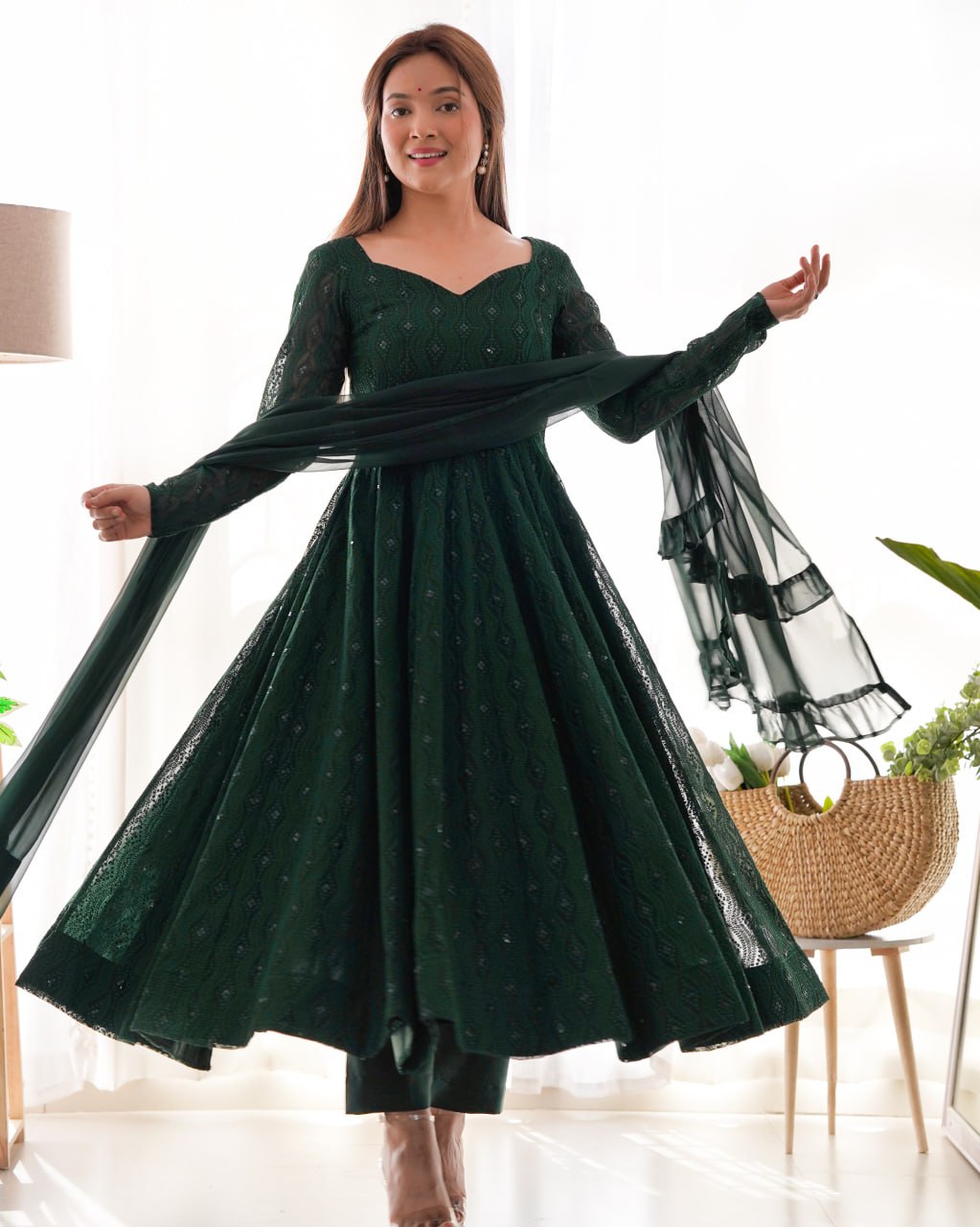 Bottle Green Premium Lucknowi Soft Georgette Anarkali Suit Ruffle Dupatta
