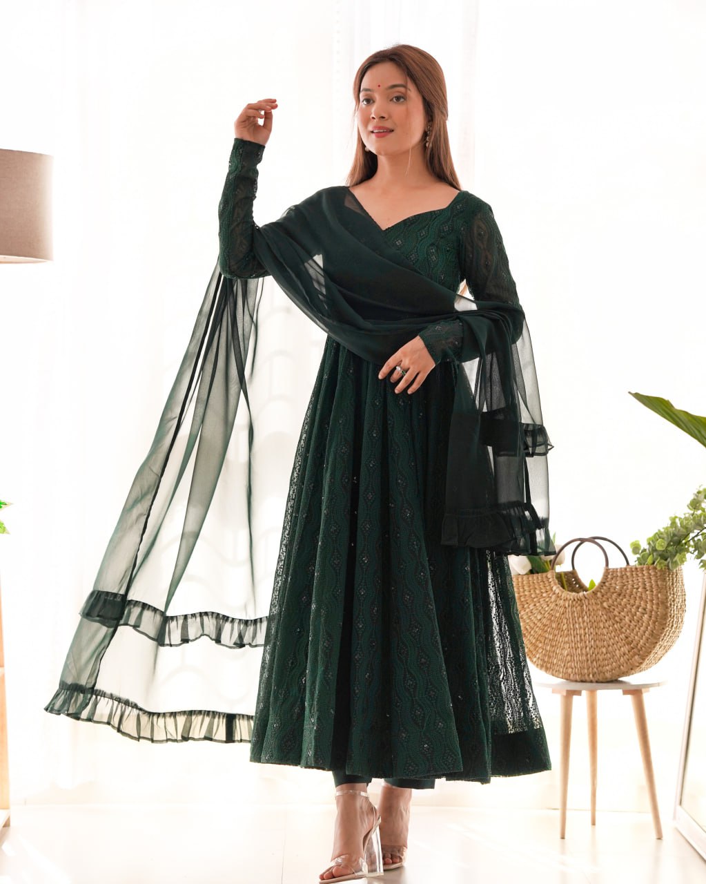 Bottle Green Premium Lucknowi Soft Georgette Anarkali Suit Ruffle Dupatta