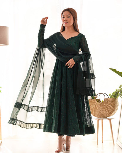 Bottle Green Premium Lucknowi Soft Georgette Anarkali Suit Ruffle Dupatta