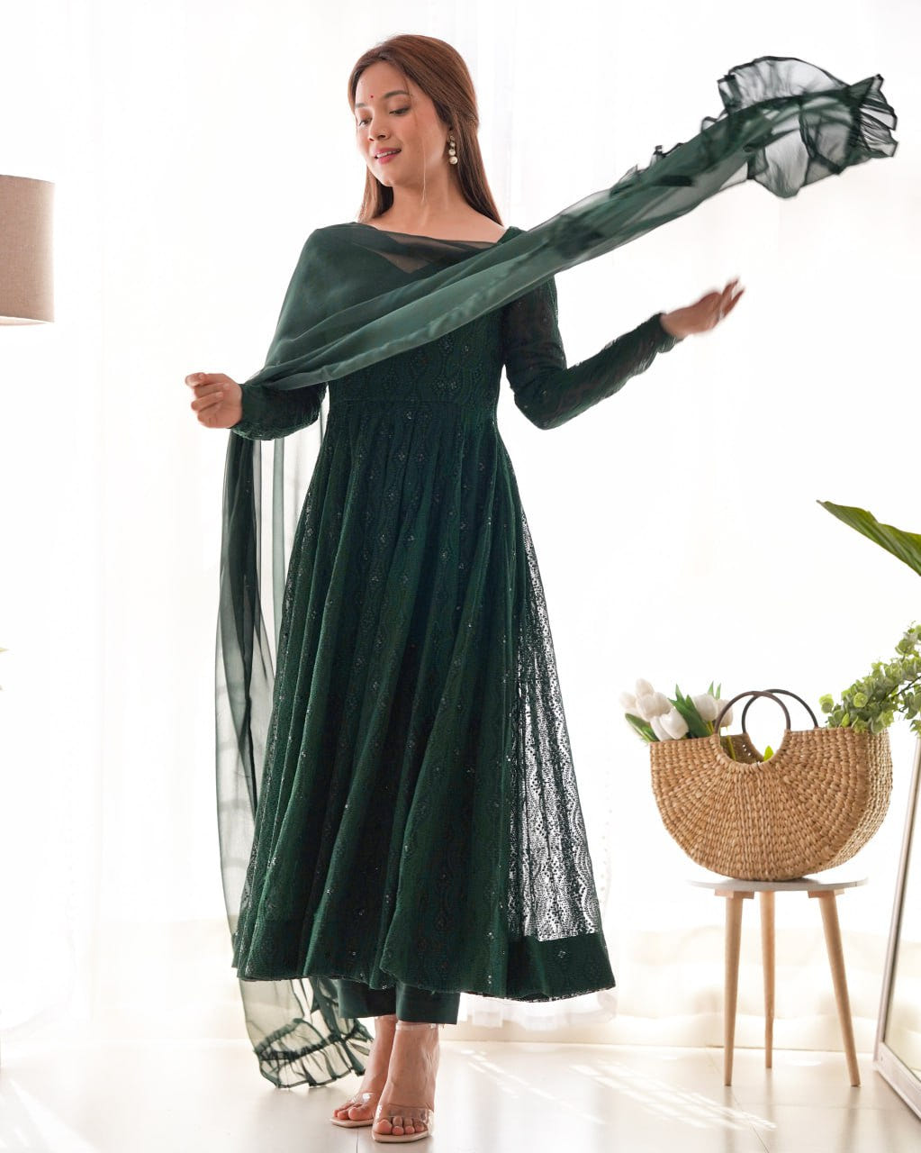 Bottle Green Premium Lucknowi Soft Georgette Anarkali Suit Ruffle Dupatta