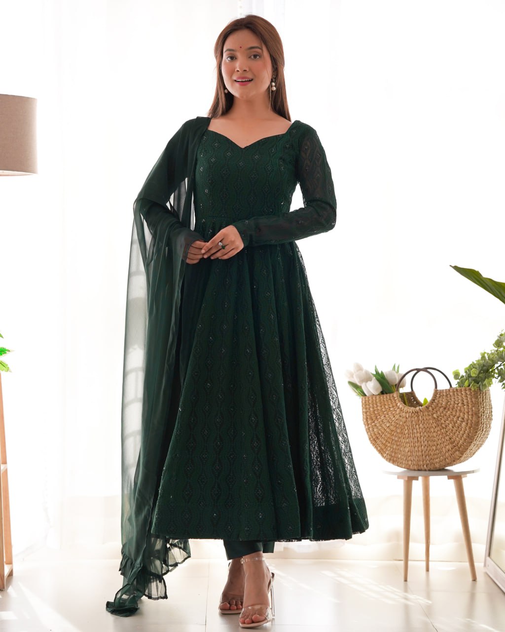 Bottle Green Premium Lucknowi Soft Georgette Anarkali Suit Ruffle Dupatta