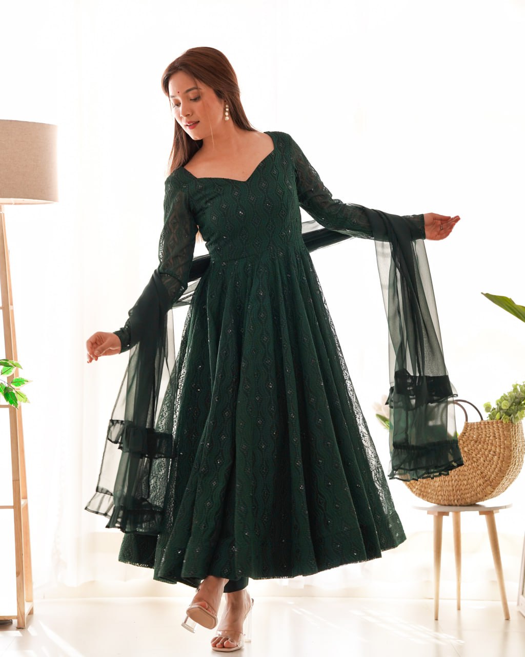 Bottle Green Premium Lucknowi Soft Georgette Anarkali Suit Ruffle Dupatta