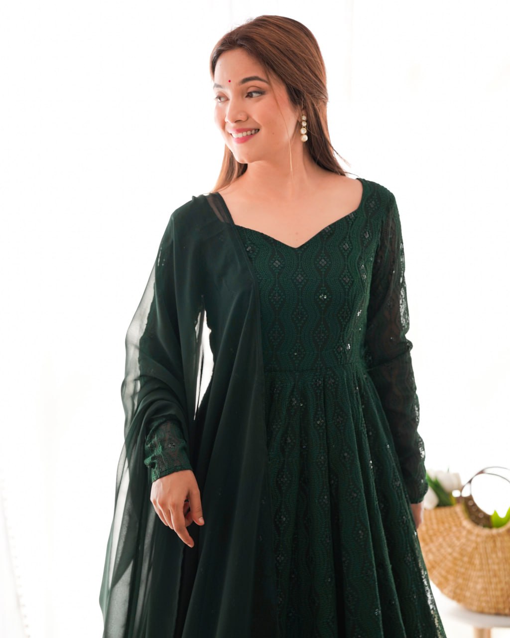 Bottle Green Premium Lucknowi Soft Georgette Anarkali Suit Ruffle Dupatta