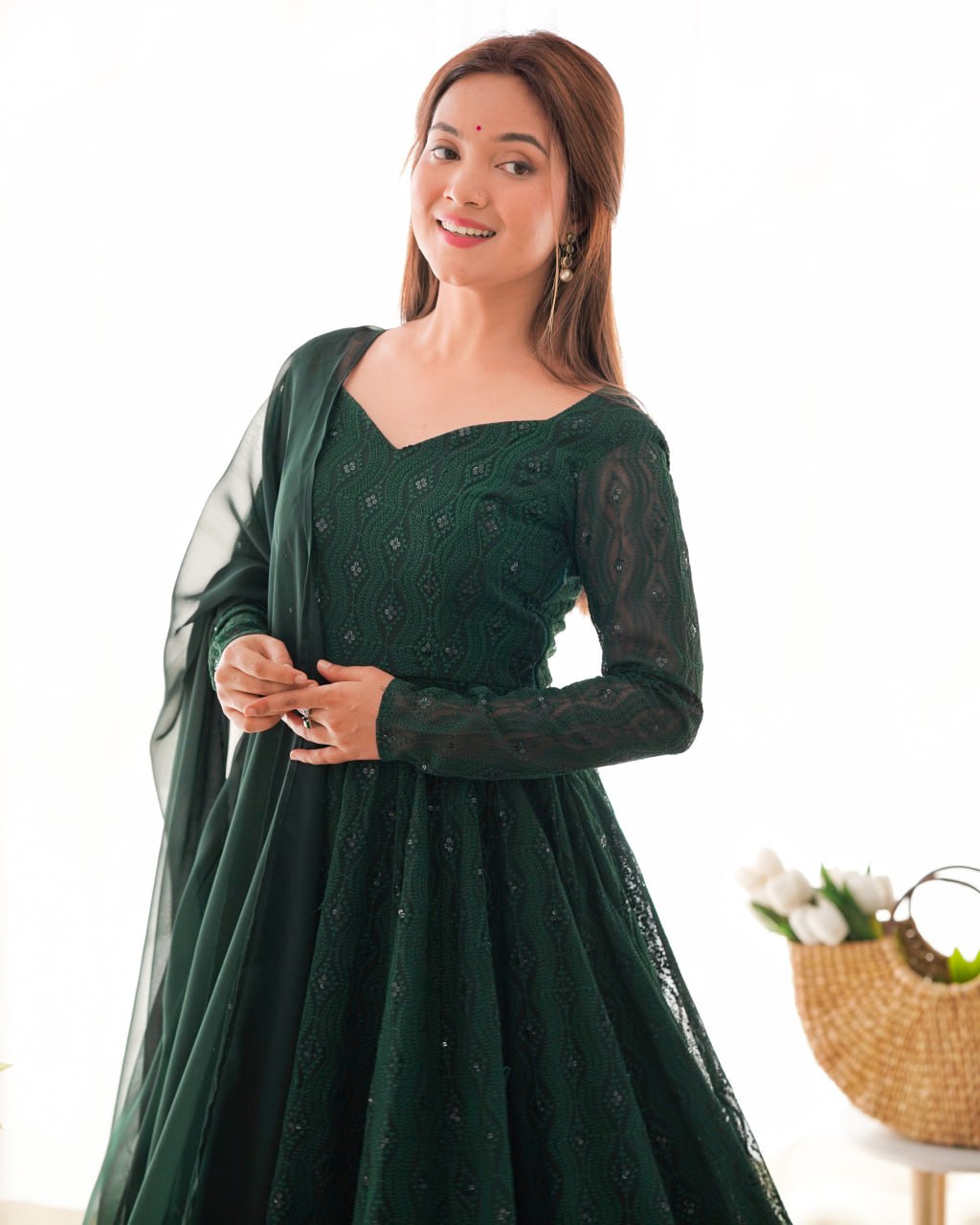 Bottle Green Premium Lucknowi Soft Georgette Anarkali Suit Ruffle Dupatta