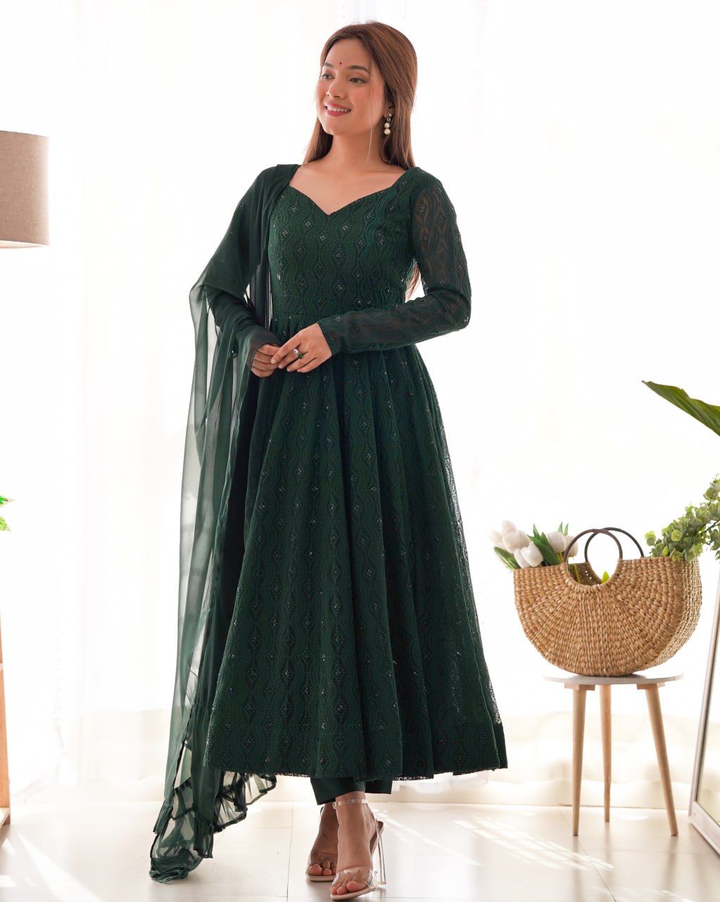 Bottle Green Premium Lucknowi Soft Georgette Anarkali Suit Ruffle Dupatta