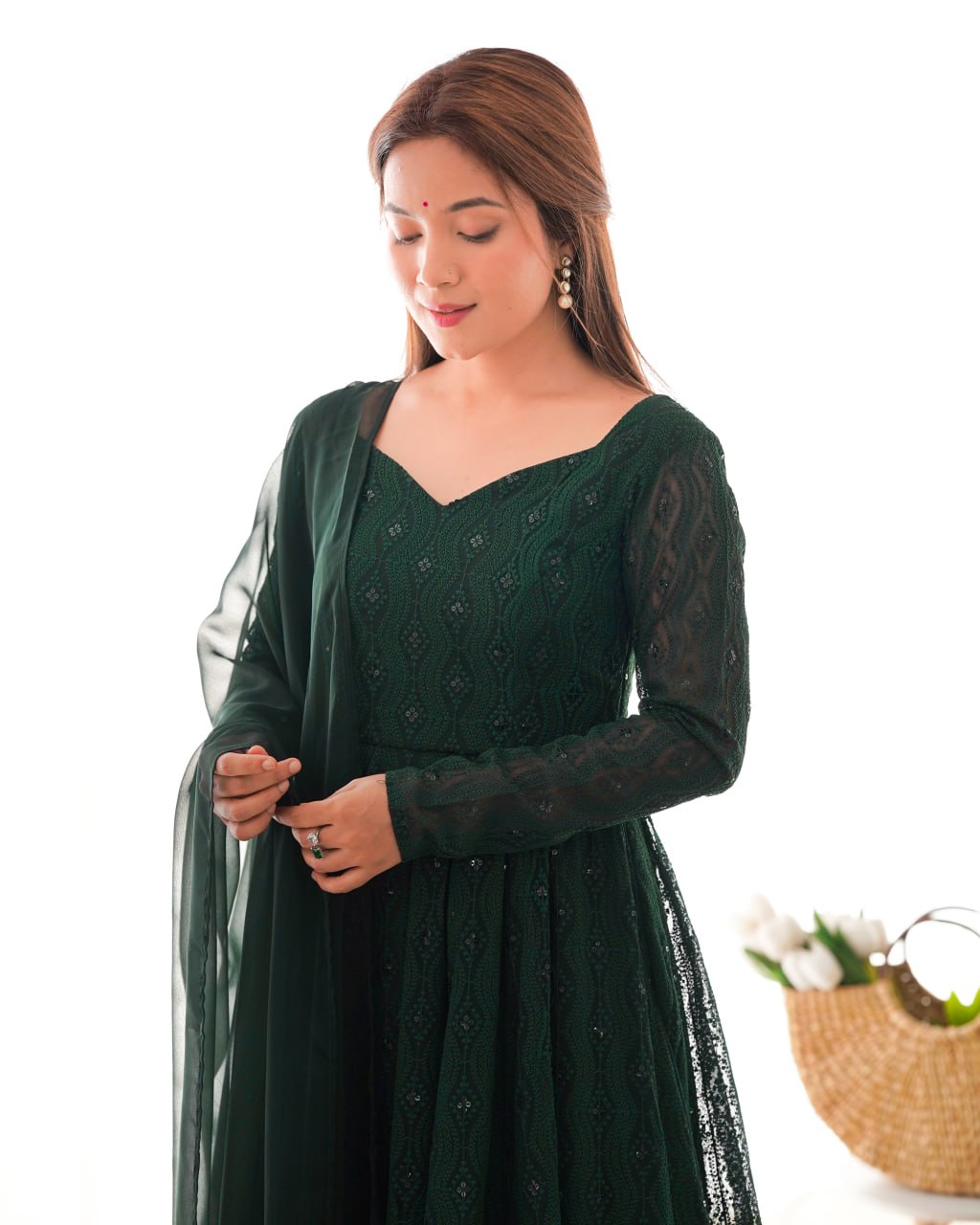 Bottle Green Premium Lucknowi Soft Georgette Anarkali Suit Ruffle Dupatta