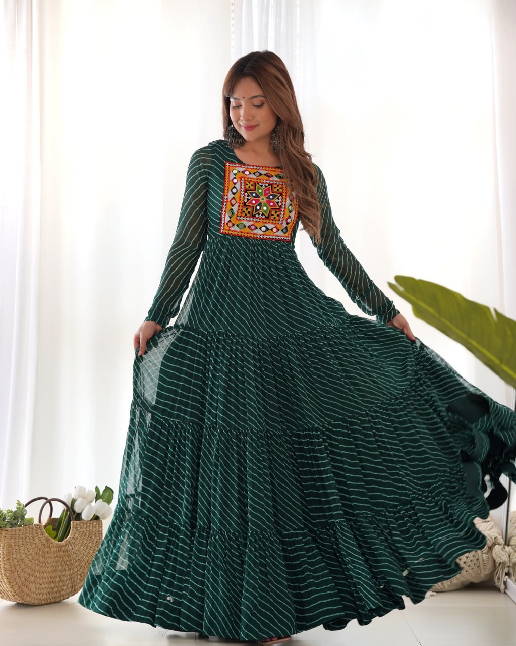 BOTTLE GREEN Vibrant Laheriya Print Georgette Anarkali Gown Dress
