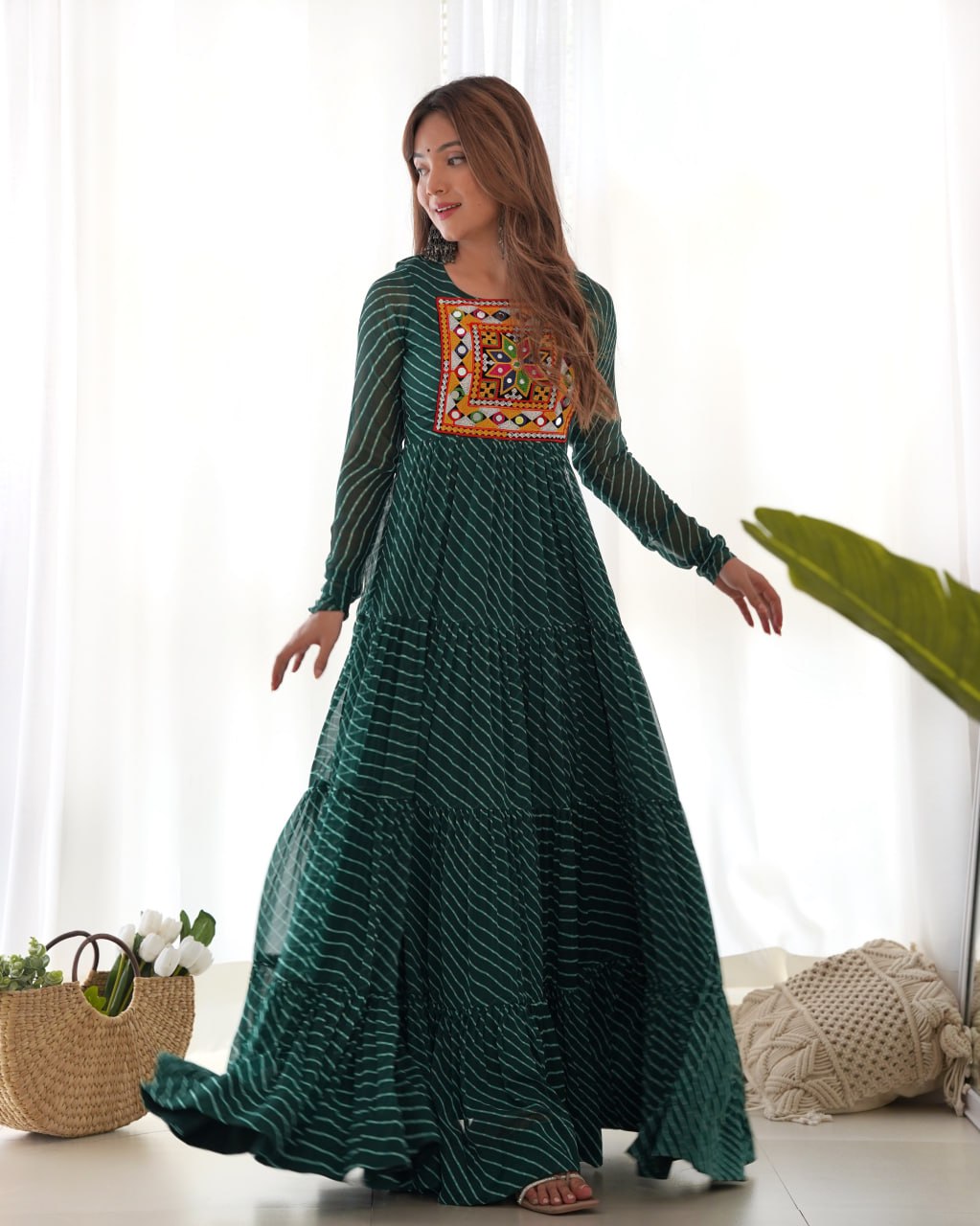 BOTTLE GREEN Vibrant Laheriya Print Georgette Anarkali Gown Dress